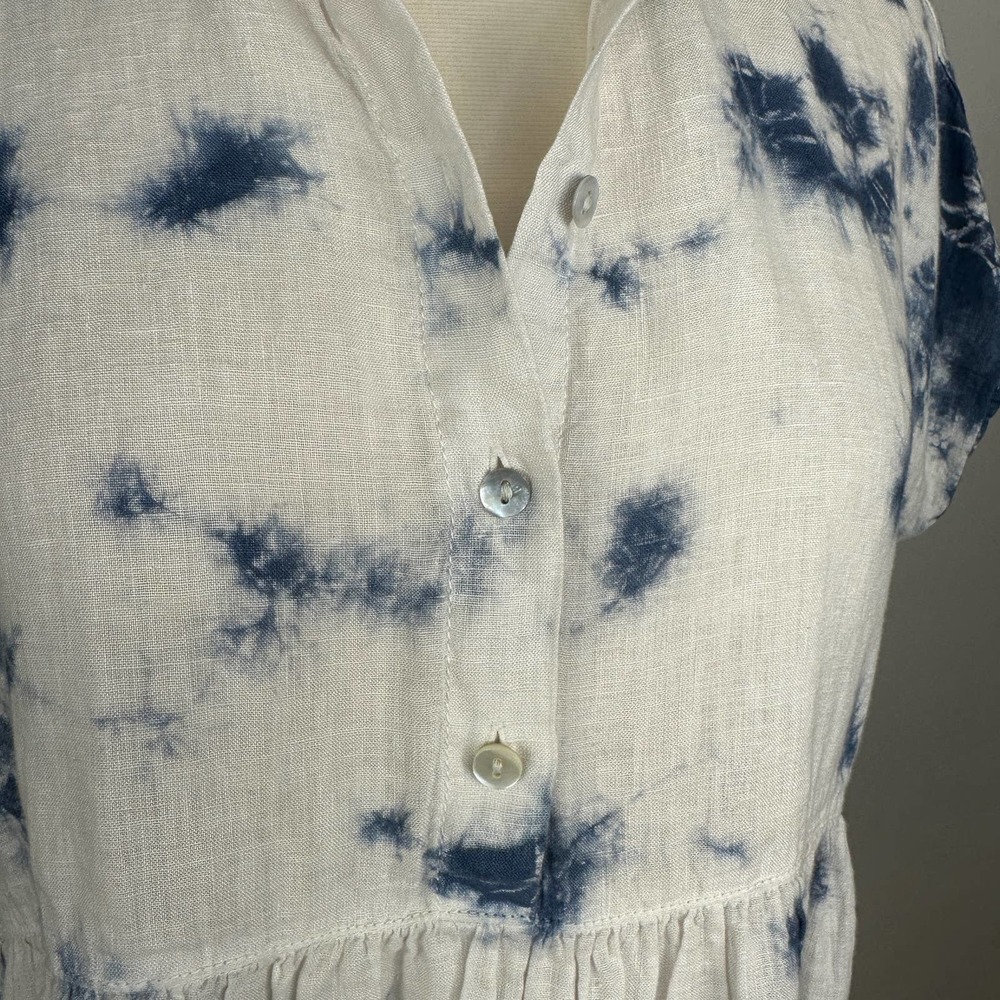 Racheal Zoe babydoll 100% Linen Lagenlook peplum oversized top XS White Blue - Picture 6 of 12